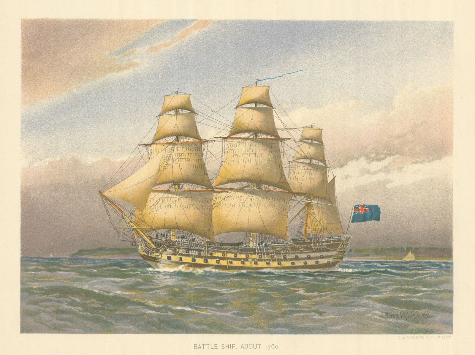 Battle Ship about 1760 by W.F. Mitchell. Royal Navy 1893 old antique print